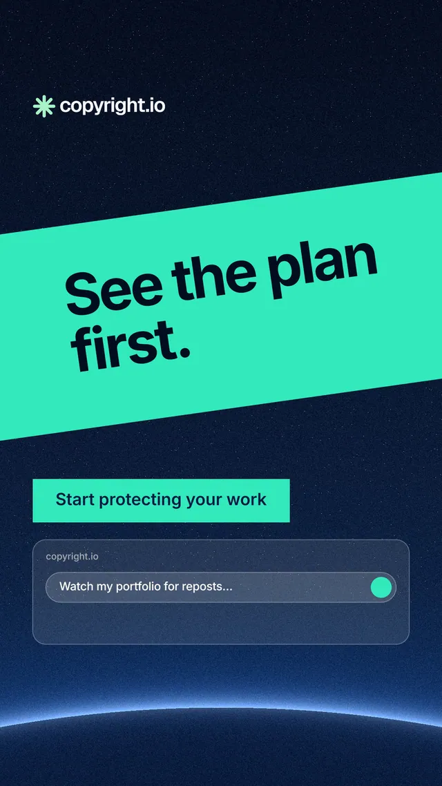 Instagram story for copyright.io: "See the plan first." Swiss style, diagonal layout, dark palette in blue, black, teal.