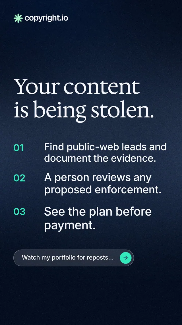 Instagram story for copyright.io: "Your content is being stolen." Agentic glass style, numbered layout, dark palette in black, blue, grey.