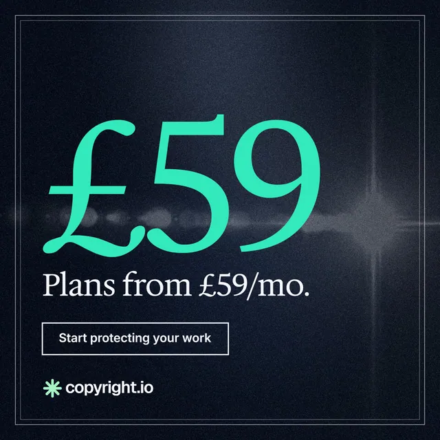 Instagram post for copyright.io: "Your content is being stolen. Put an agent on it." Dark deco style, stat layout, dark palette in black, blue, teal.