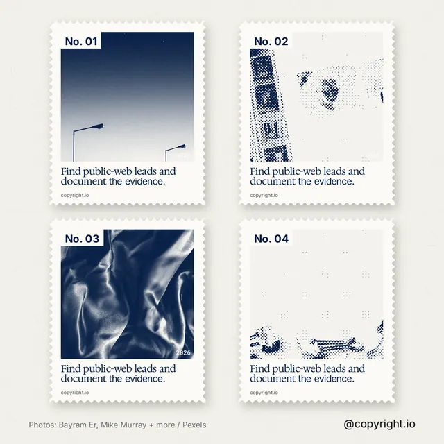 Instagram post for copyright.io: "Find public-web leads and document the evidence." Sheet style, technique:stamp series layout, light palette in white, grey.