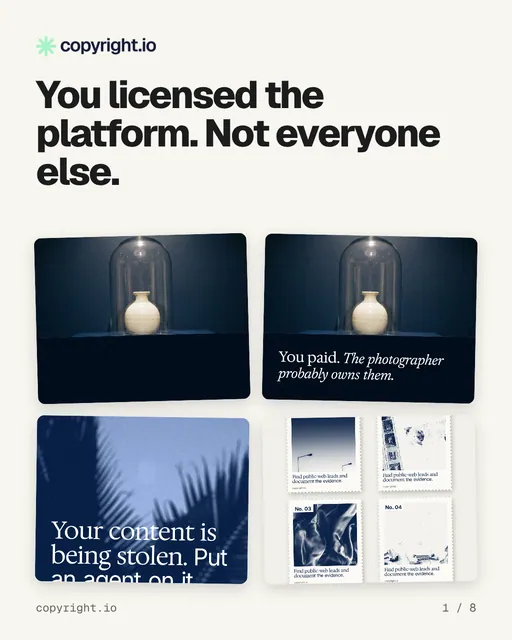 Carousel for copyright.io: "You licensed the platform. Not everyone else.". Collection carousel, 8 slides, light palette.