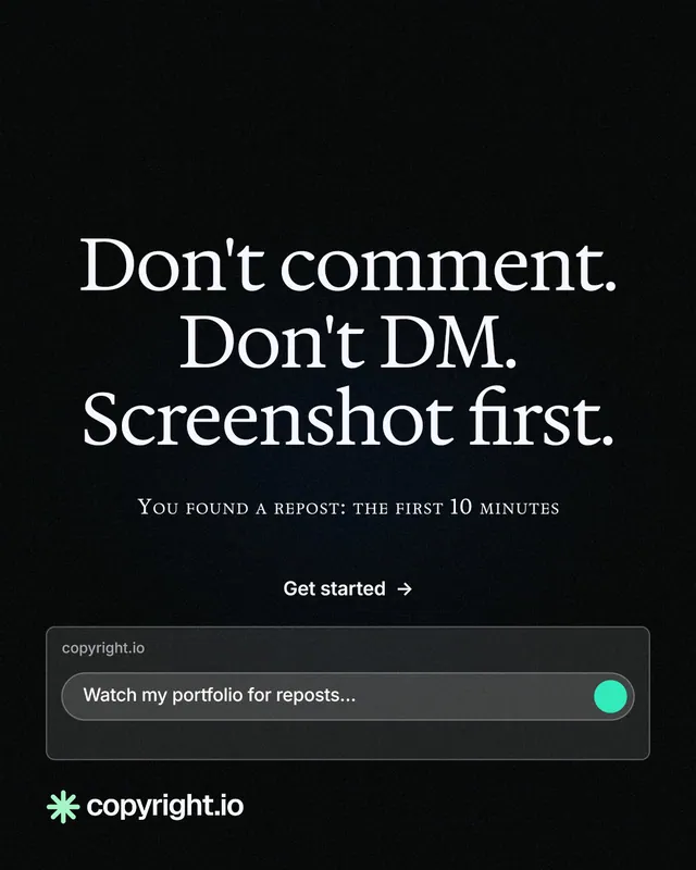 Instagram portrait post for copyright.io: "Don't comment. Don't DM. Screenshot first." Phosphor atlas style, smallcaps layout, dark palette in black.