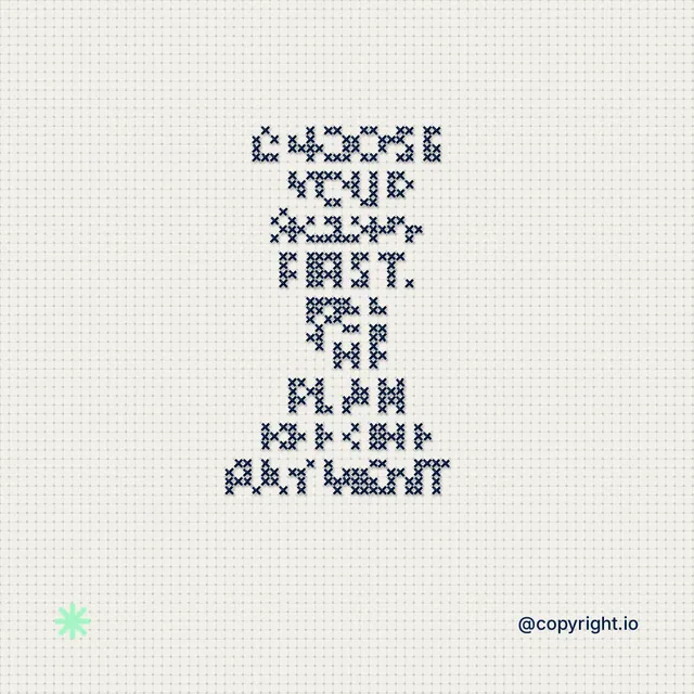Instagram post for copyright.io: "Choose your scope first. See the plan before payment." Stitch style, technique:raster type fx layout, light palette in white, grey.
