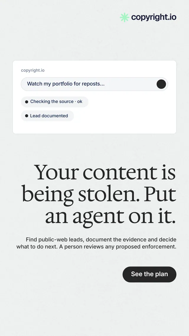 Instagram story for copyright.io: "Your content is being stolen. Put an agent on it." Data card style, right layout, light palette in white, grey.