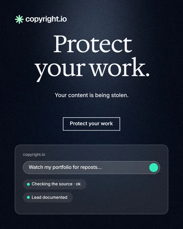 Instagram portrait post for copyright.io: "Protect your work." Dark deco style, centred layout, dark palette in blue, black, grey.