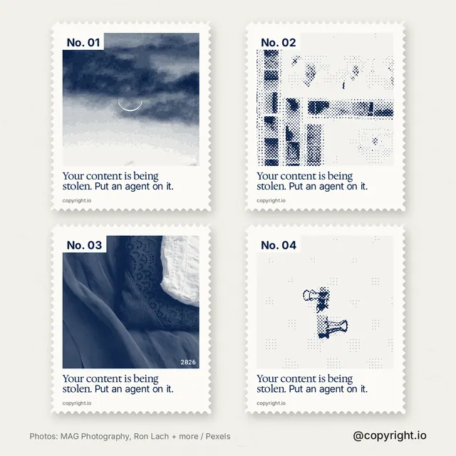 Instagram post for copyright.io: "Your content is being stolen. Put an agent on it." Sheet style, technique:stamp series layout, light palette in white, grey.