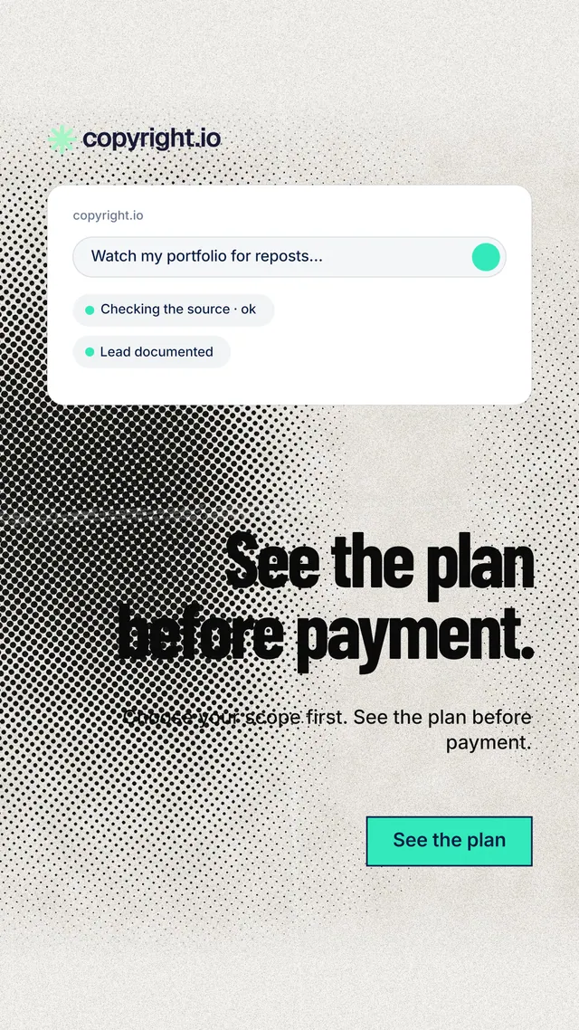 Instagram story for copyright.io: "See the plan before payment." Ink sticker style, right layout, light palette in white, grey.
