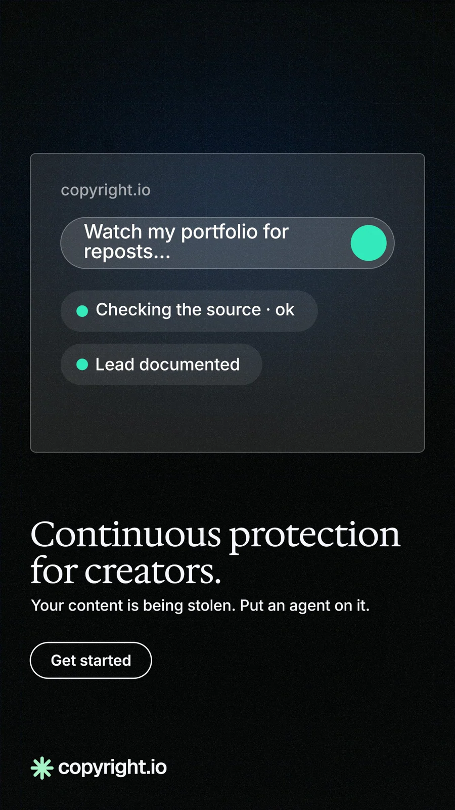 Instagram story for copyright.io: "Continuous protection for creators." Phosphor atlas style, bottom layout, dark palette in black, grey.