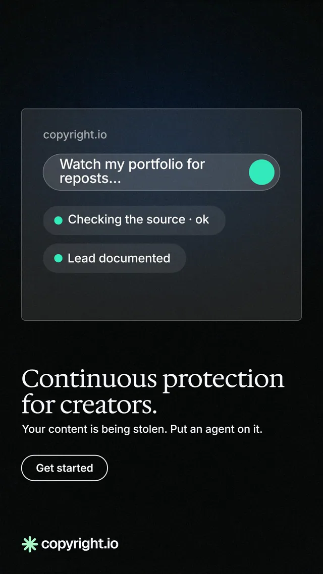 Instagram story for copyright.io: "Continuous protection for creators." Phosphor atlas style, bottom layout, dark palette in black, grey.