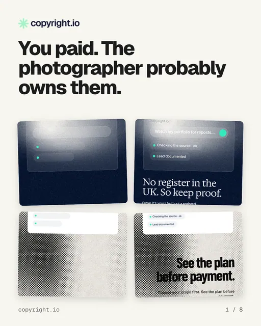 Carousel for copyright.io: "You paid. The photographer probably owns them.". Collection carousel, 8 slides, light palette.