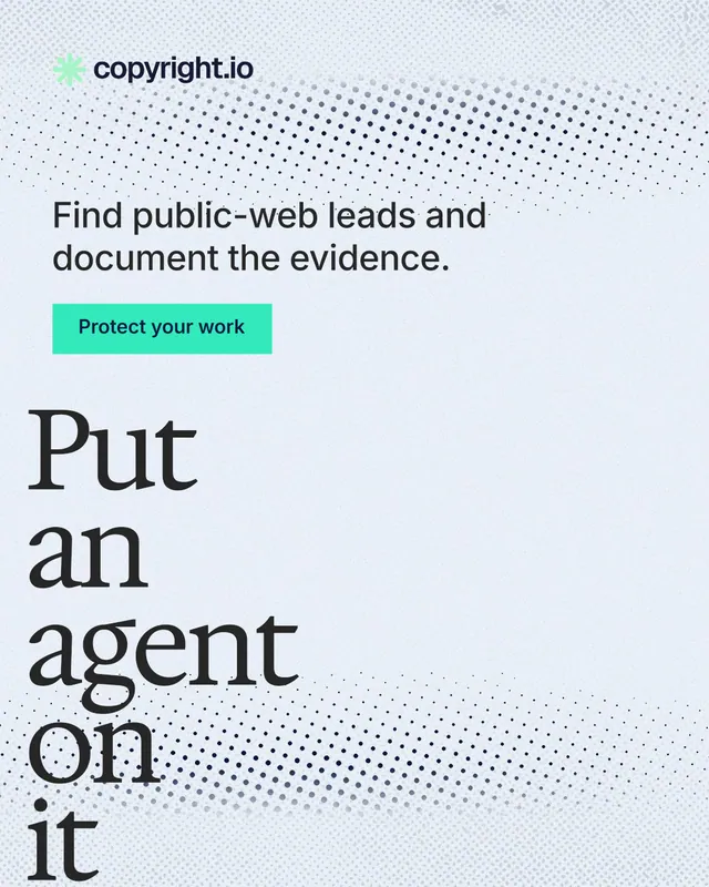 Instagram portrait post for copyright.io: "Put an agent on it." Swiss style, oversized layout, light palette in white, blue, grey.