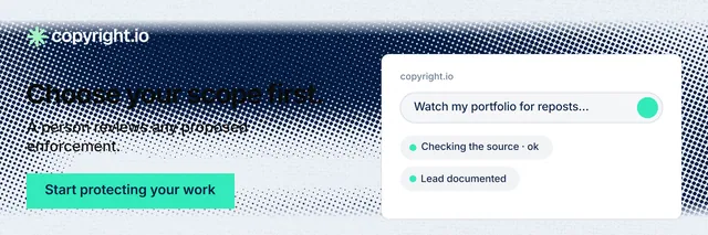 X header for copyright.io: "Choose your scope first." Swiss style, bottom layout, light palette in white, blue, teal.
