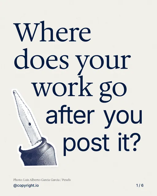 Carousel for copyright.io: "Where does your work go after you post it?". Cutout essay, 6 slides, light palette.
