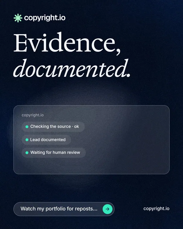 Instagram portrait post for copyright.io: "Evidence, documented." Thermal style, poster layout, dark palette in blue, black, grey.