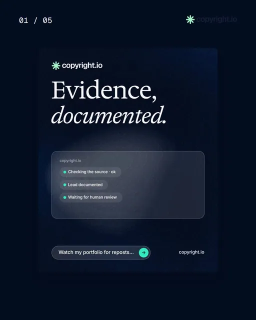 Video for copyright.io. Ad flipbook, 7.5 s, dark palette.