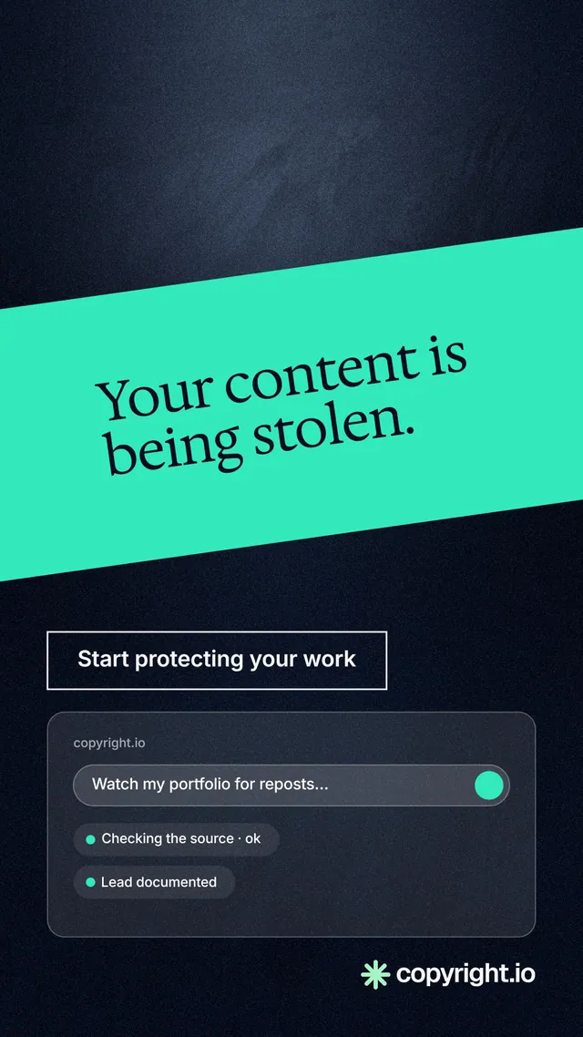 Instagram story for copyright.io: "Your content is being stolen." Dark deco style, diagonal layout, dark palette in teal, black, blue.