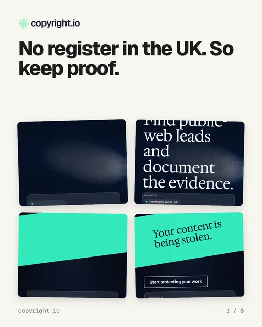 Carousel for copyright.io: "No register in the UK. So keep proof.". Collection carousel, 8 slides, light palette.