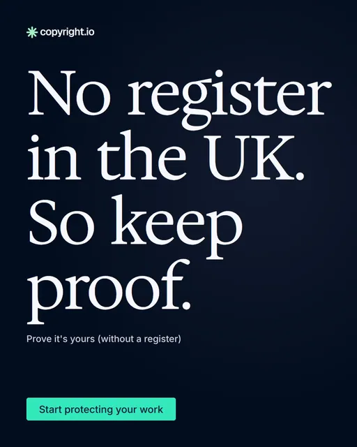Video for copyright.io: "No register in the UK. So keep proof.". Doc motion loop, 6.0 s, dark palette.