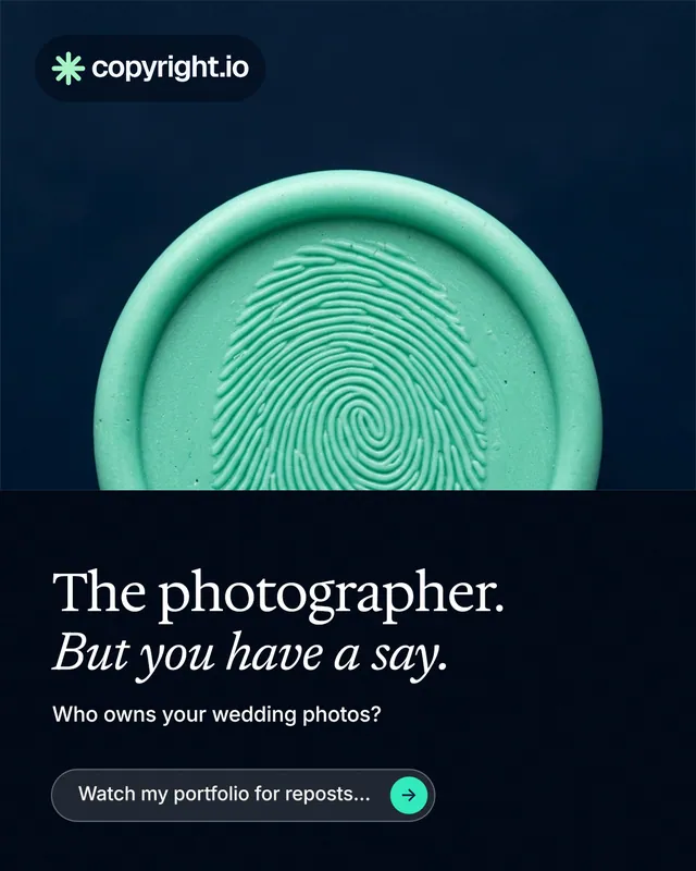 Instagram portrait post for copyright.io: "The photographer. But you have a say." Agentic glass style, bottom layout, dark palette in black, teal, blue.