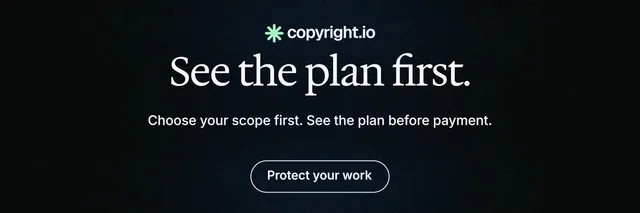 X header for copyright.io: "See the plan first." Phosphor atlas style, centred layout, dark palette in black.