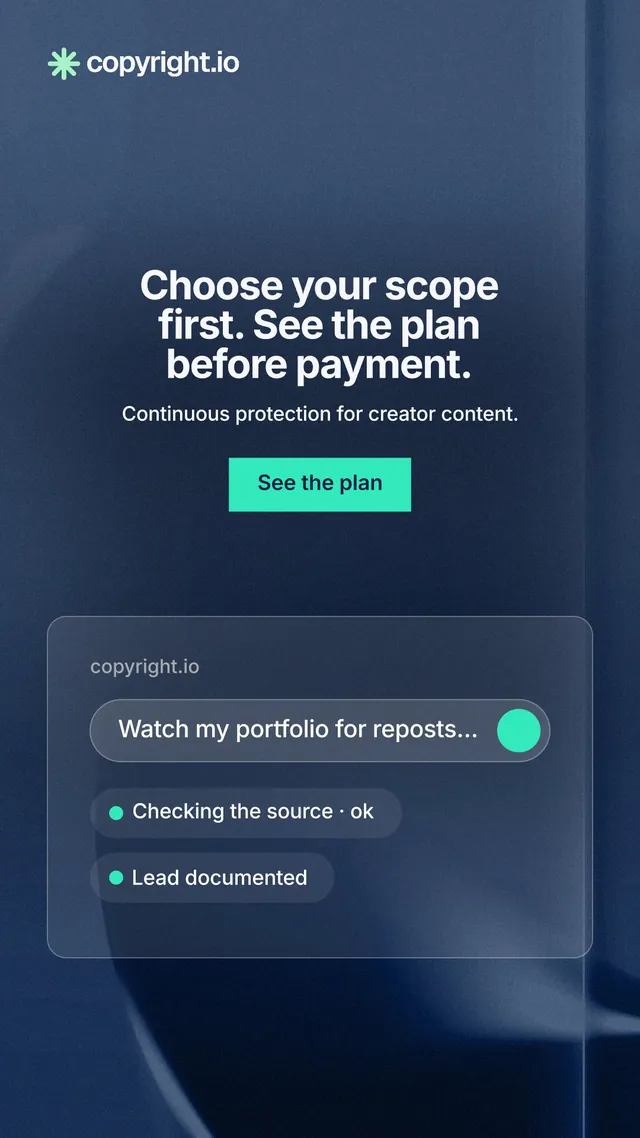 Instagram story for copyright.io: "Choose your scope first. See the plan before payment." Swiss style, centred layout, dark palette in blue.