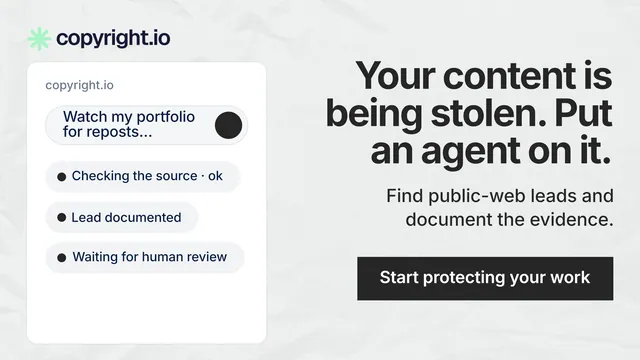 Landscape graphic for copyright.io: "Your content is being stolen. Put an agent on it." Swiss style, right layout, light palette in white, grey.
