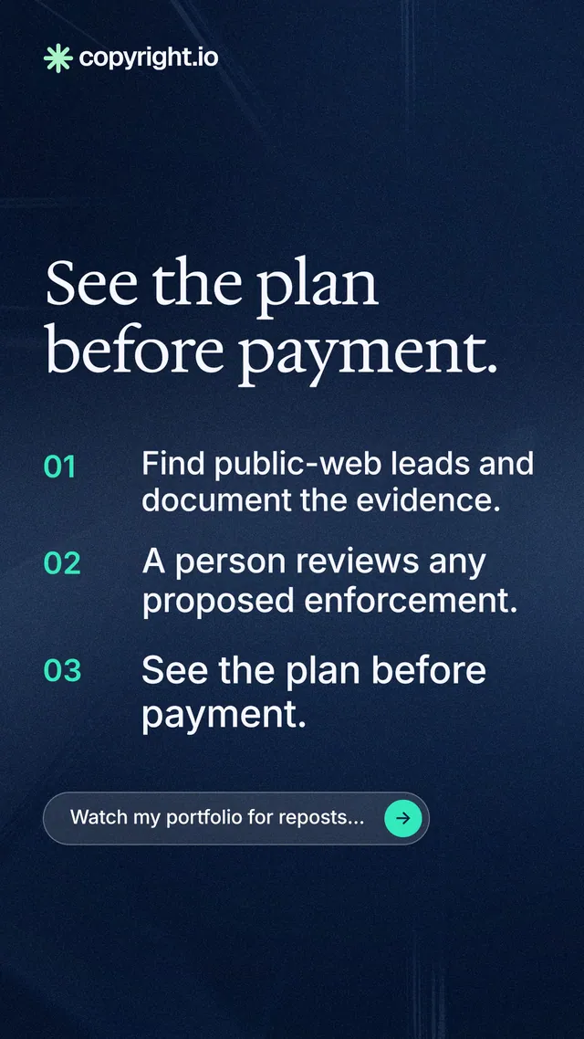 Instagram story for copyright.io: "See the plan before payment." Agentic glass style, numbered layout, dark palette in blue, black.
