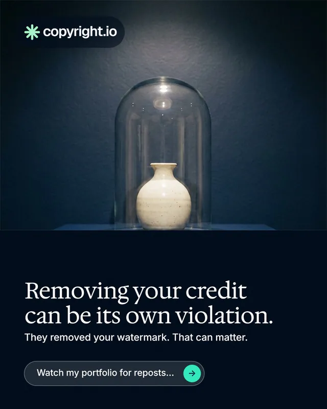 Instagram portrait post for copyright.io: "Removing your credit can be its own violation." Agentic glass style, bottom layout, dark palette in black, blue, grey.