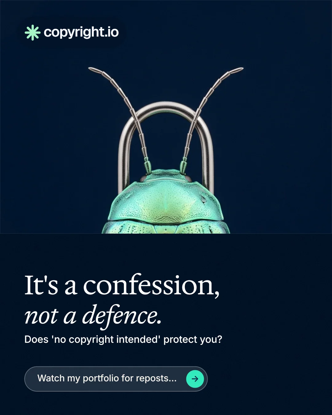 Instagram portrait post for copyright.io: "It's a confession, not a defence." Agentic glass style, bottom layout, dark palette in black, blue.