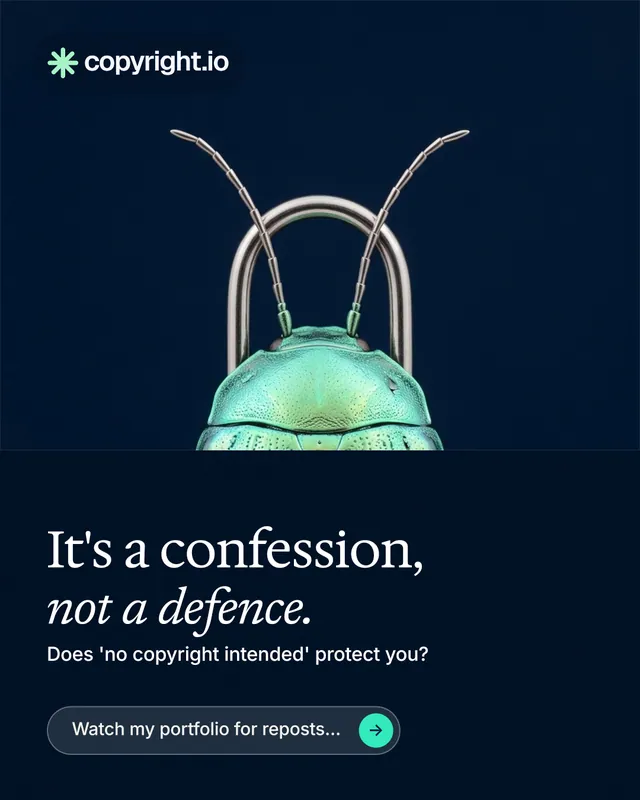 Instagram portrait post for copyright.io: "It's a confession, not a defence." Agentic glass style, bottom layout, dark palette in black, blue.
