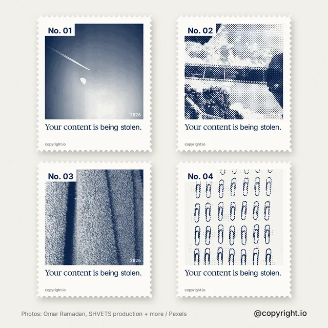Instagram post for copyright.io: "Your content is being stolen." Sheet style, technique:stamp series layout, light palette in white, grey.