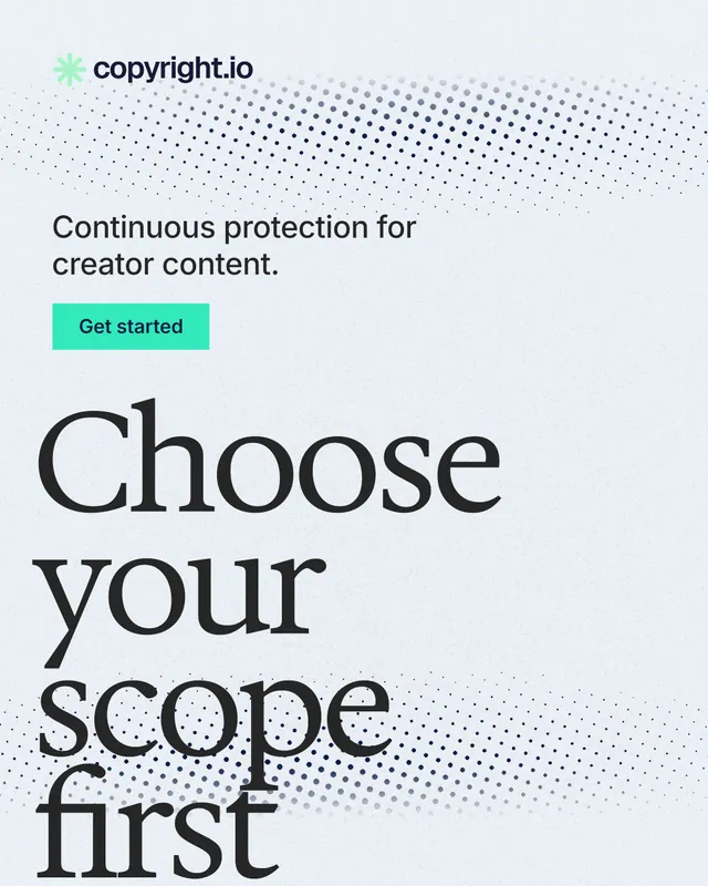Instagram portrait post for copyright.io: "Choose your scope first." Swiss style, oversized layout, light palette in white, blue, grey.