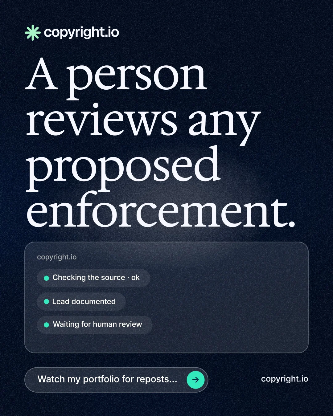 Instagram portrait post for copyright.io: "A person reviews any proposed enforcement." Thermal style, poster layout, dark palette in blue, black, grey.