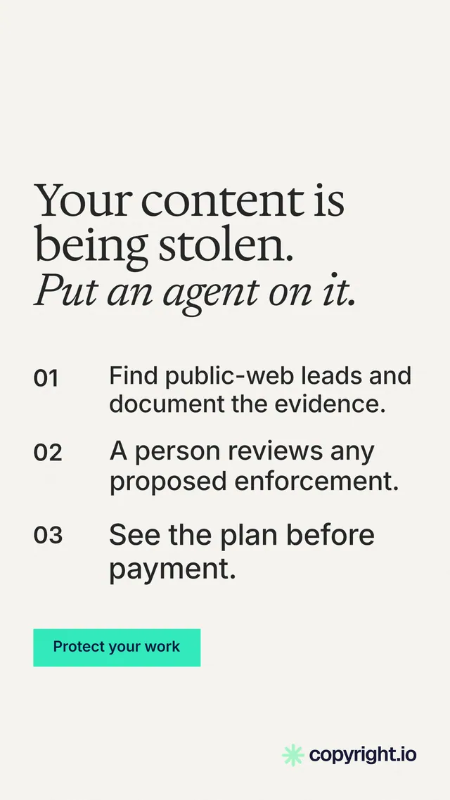 Instagram story for copyright.io: "Your content is being stolen. Put an agent on it." Swiss style, numbered layout, light palette in white, grey, green.
