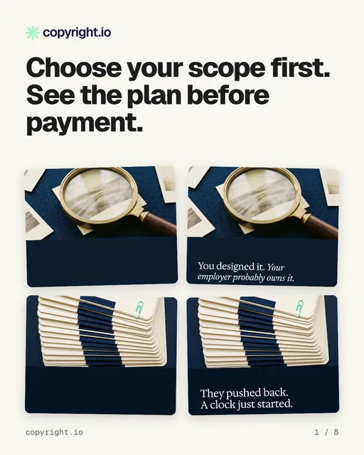 Carousel for copyright.io: "Choose your scope first. See the plan before payment.". Collection carousel, 8 slides, light palette.