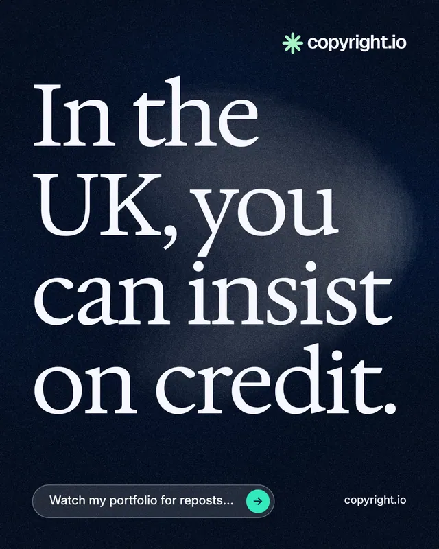 Instagram portrait post for copyright.io: "In the UK, you can insist on credit." Thermal style, poster layout, dark palette in black, blue, grey.