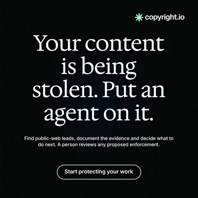 Instagram post for copyright.io: "Your content is being stolen. Put an agent on it." Phosphor atlas style, centred layout, dark palette in black, grey.