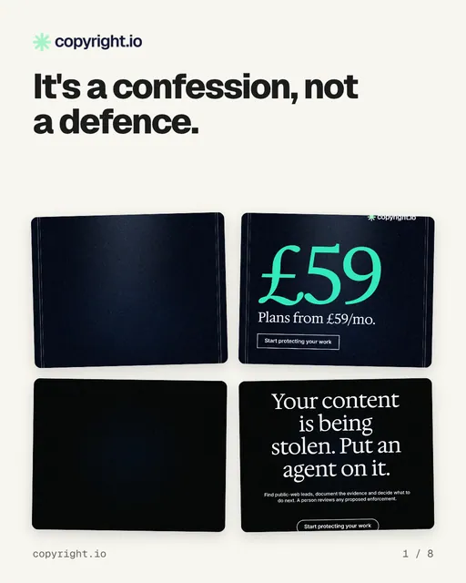 Carousel for copyright.io: "It's a confession, not a defence.". Collection carousel, 8 slides, light palette.