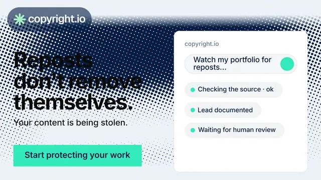 Landscape graphic for copyright.io: "Reposts don't remove themselves." Swiss style, bottom layout, light palette in teal, blue, white.