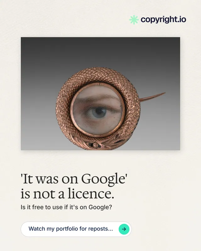 Instagram portrait post for copyright.io: "'It was on Google' is not a licence." Agentic glass style, bottom layout, light palette in grey, white.