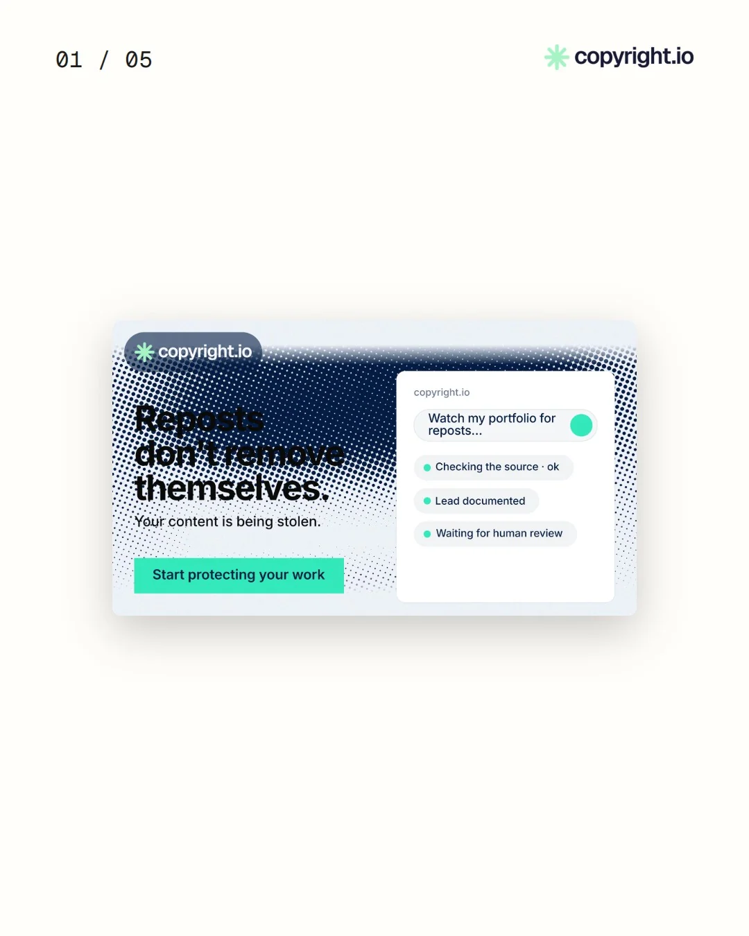 Video for copyright.io. Ad flipbook, 7.5 s, light palette.