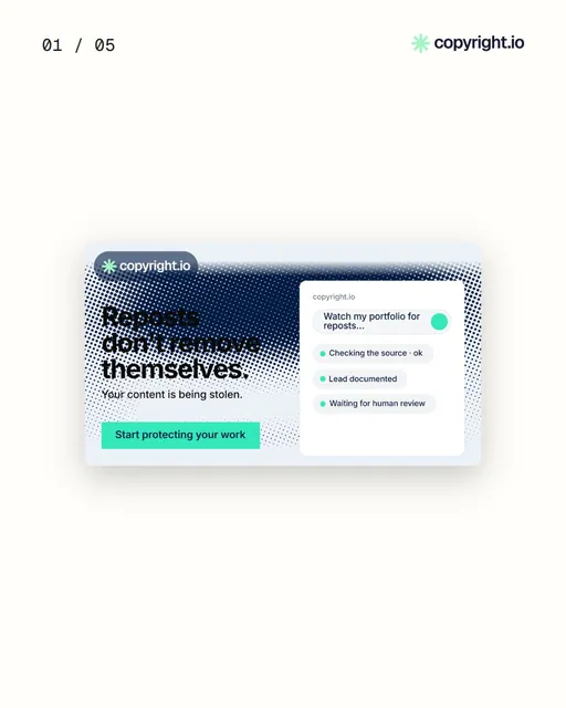 Video for copyright.io. Ad flipbook, 7.5 s, light palette.