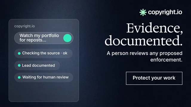 Landscape graphic for copyright.io: "Evidence, documented." Dark deco style, right layout, dark palette in blue, black, grey.