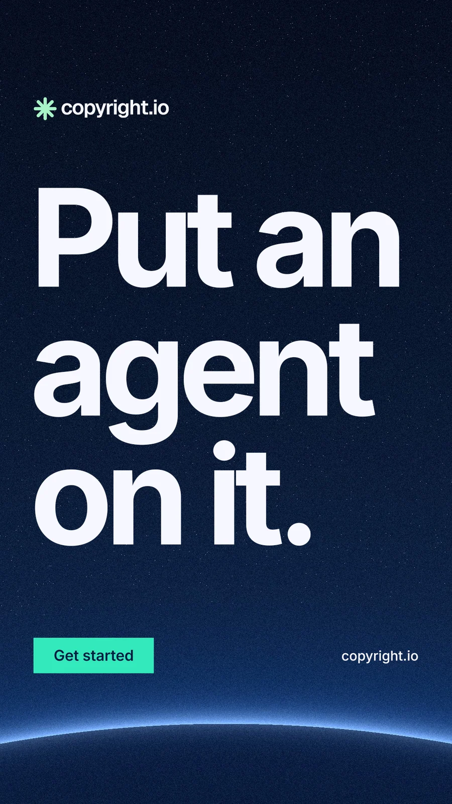 Instagram story for copyright.io: "Put an agent on it." Swiss style, poster layout, dark palette in blue, black.