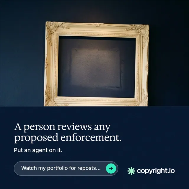 Instagram post for copyright.io: "A person reviews any proposed enforcement." Agentic glass style, bottom layout, dark palette in black, blue, grey.