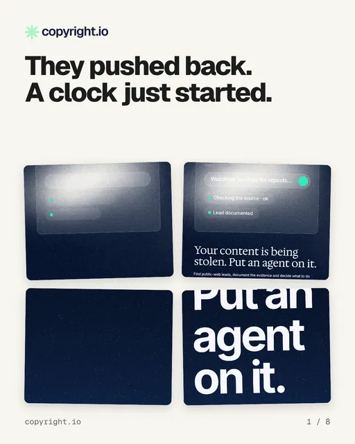 Carousel for copyright.io: "They pushed back. A clock just started.". Collection carousel, 8 slides, light palette.