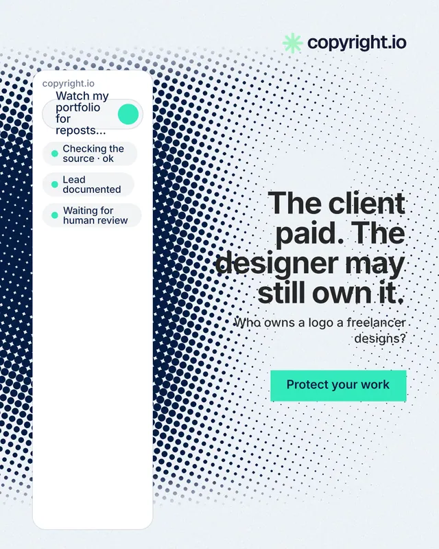 Instagram portrait post for copyright.io: "The client paid. The designer may still own it." Swiss style, right layout, light palette in white, grey, blue.