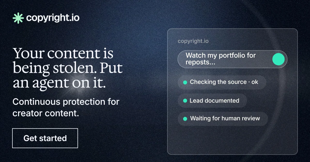 Social ad for copyright.io: "Your content is being stolen. Put an agent on it." Dark deco style, bottom layout, dark palette in blue, black, grey.