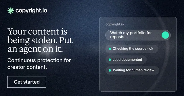 Social ad for copyright.io: "Your content is being stolen. Put an agent on it." Dark deco style, bottom layout, dark palette in blue, black, grey.