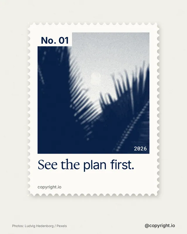 Instagram portrait post for copyright.io: "See the plan first." Single style, technique:stamp series layout, light palette in white, blue.